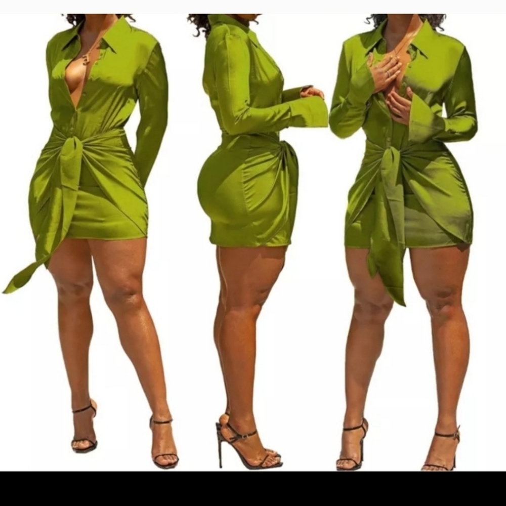 Spring/Summer 2024 Green Satin Long Sleeve Shirt Dress NWT